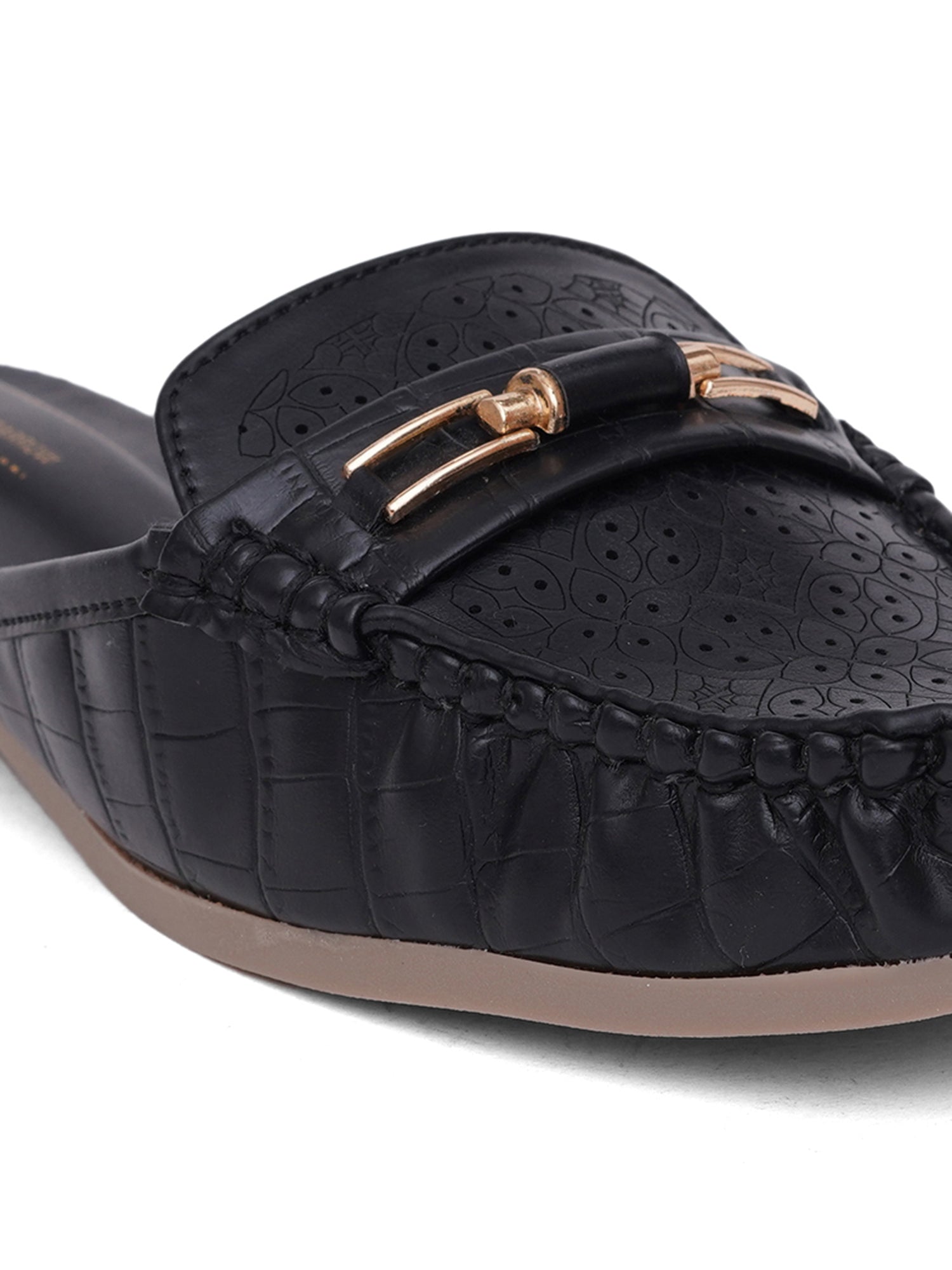 Comfort Cushioned Laser Slip-On Cut Loafer Mule Flats-Black