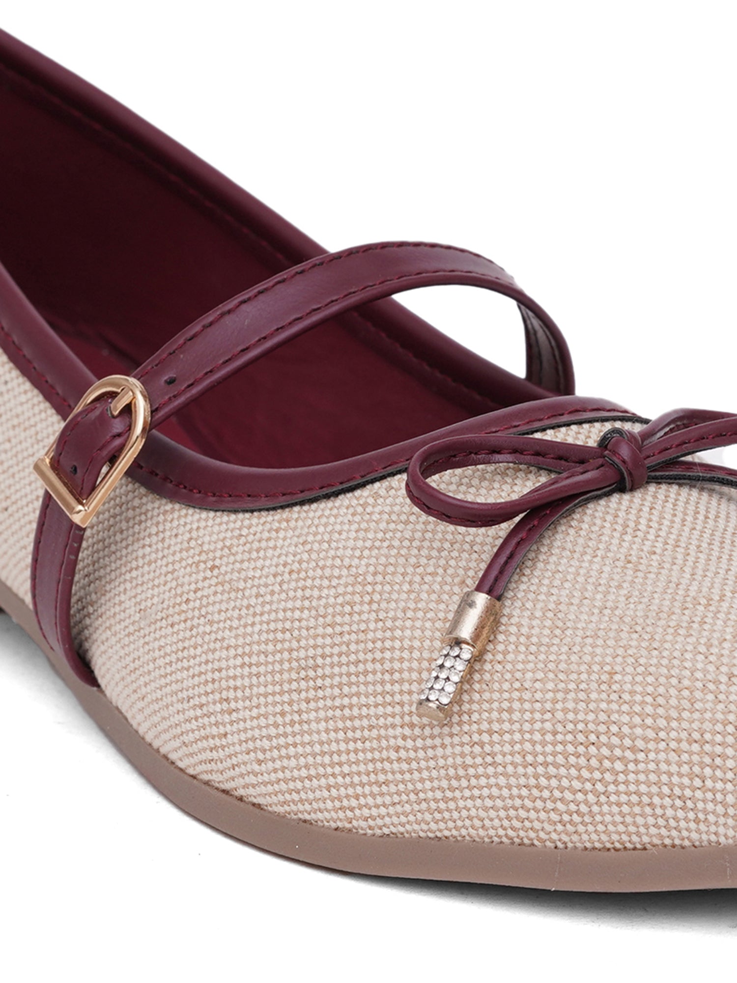 Linen Textured Pointed Toe Mary Jane Ballet
