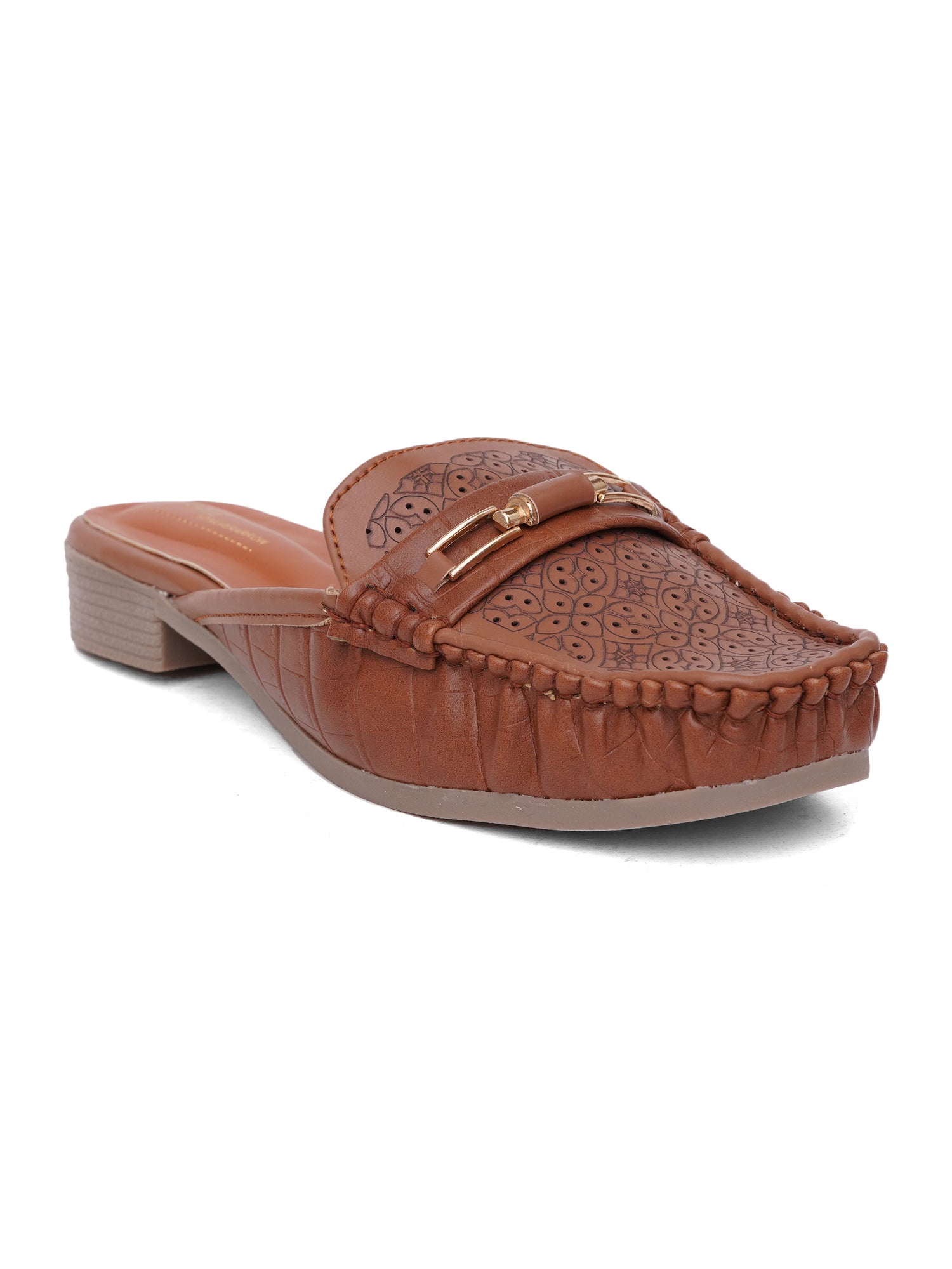 Comfort Cushioned Laser Slip-On Cut Loafer Mule Flats-Tan