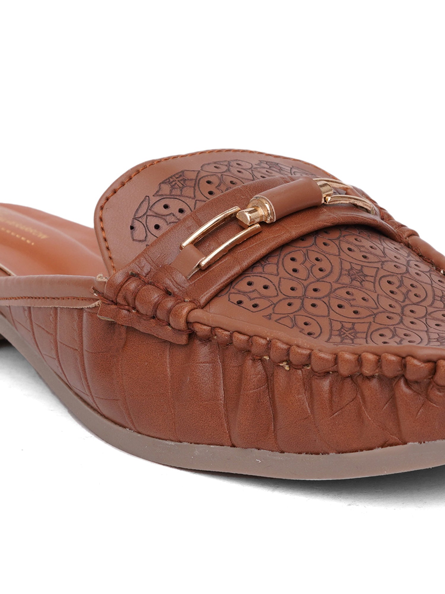 Comfort Cushioned Laser Slip-On Cut Loafer Mule Flats-Tan