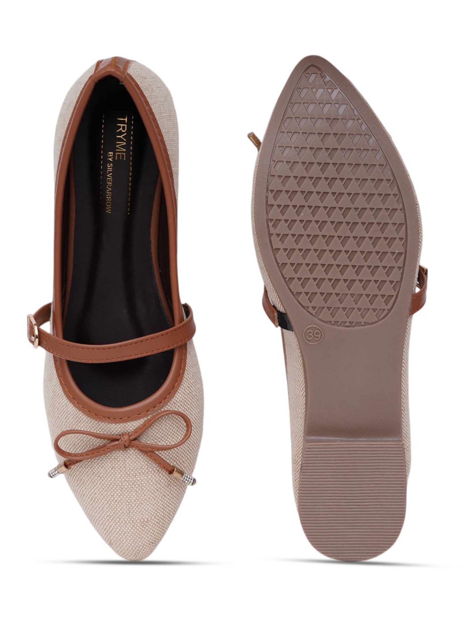 Linen Textured Pointed Toe Mary Jane Ballet