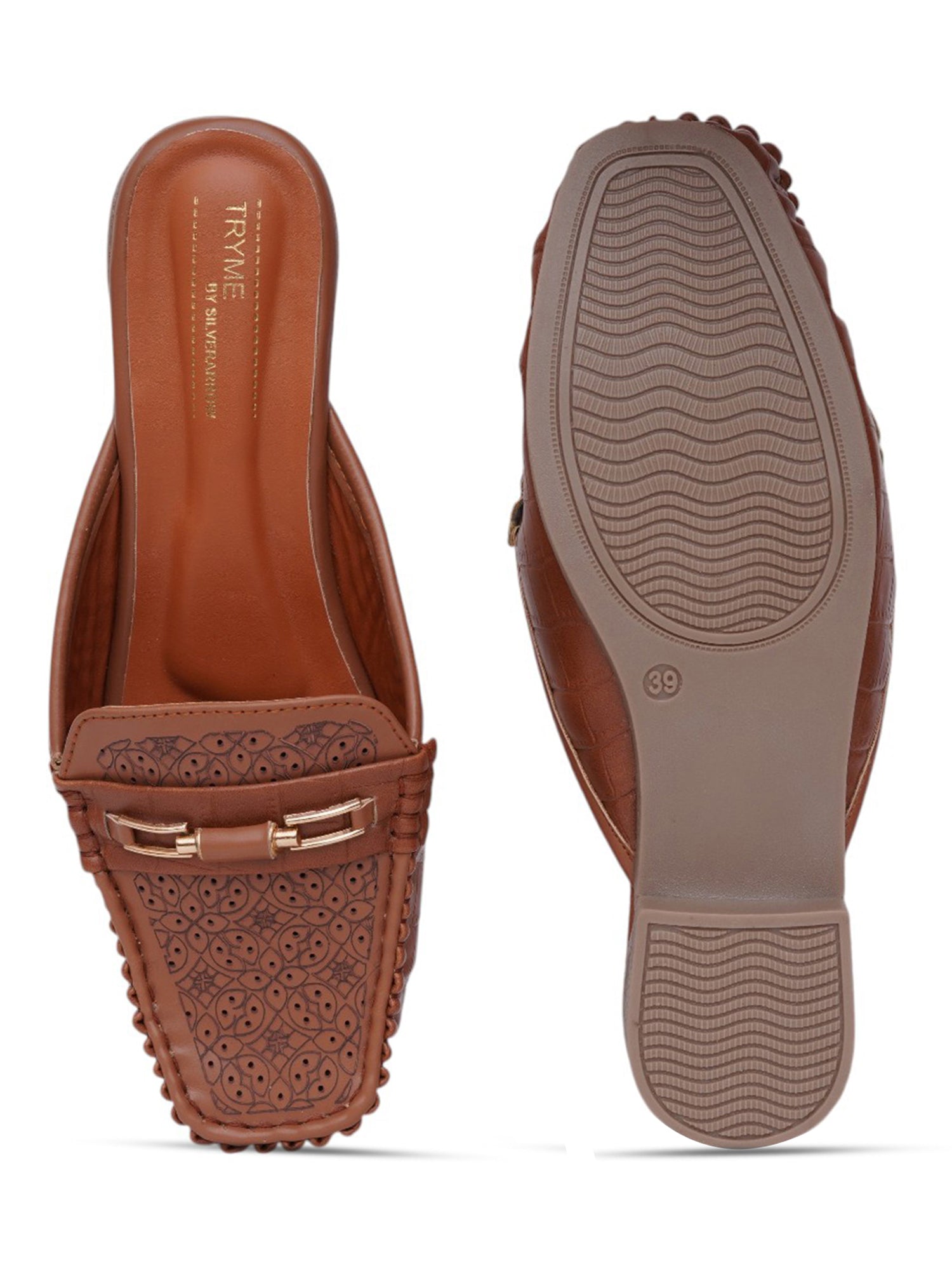 Comfort Cushioned Laser Slip-On Cut Loafer Mule Flats-Tan