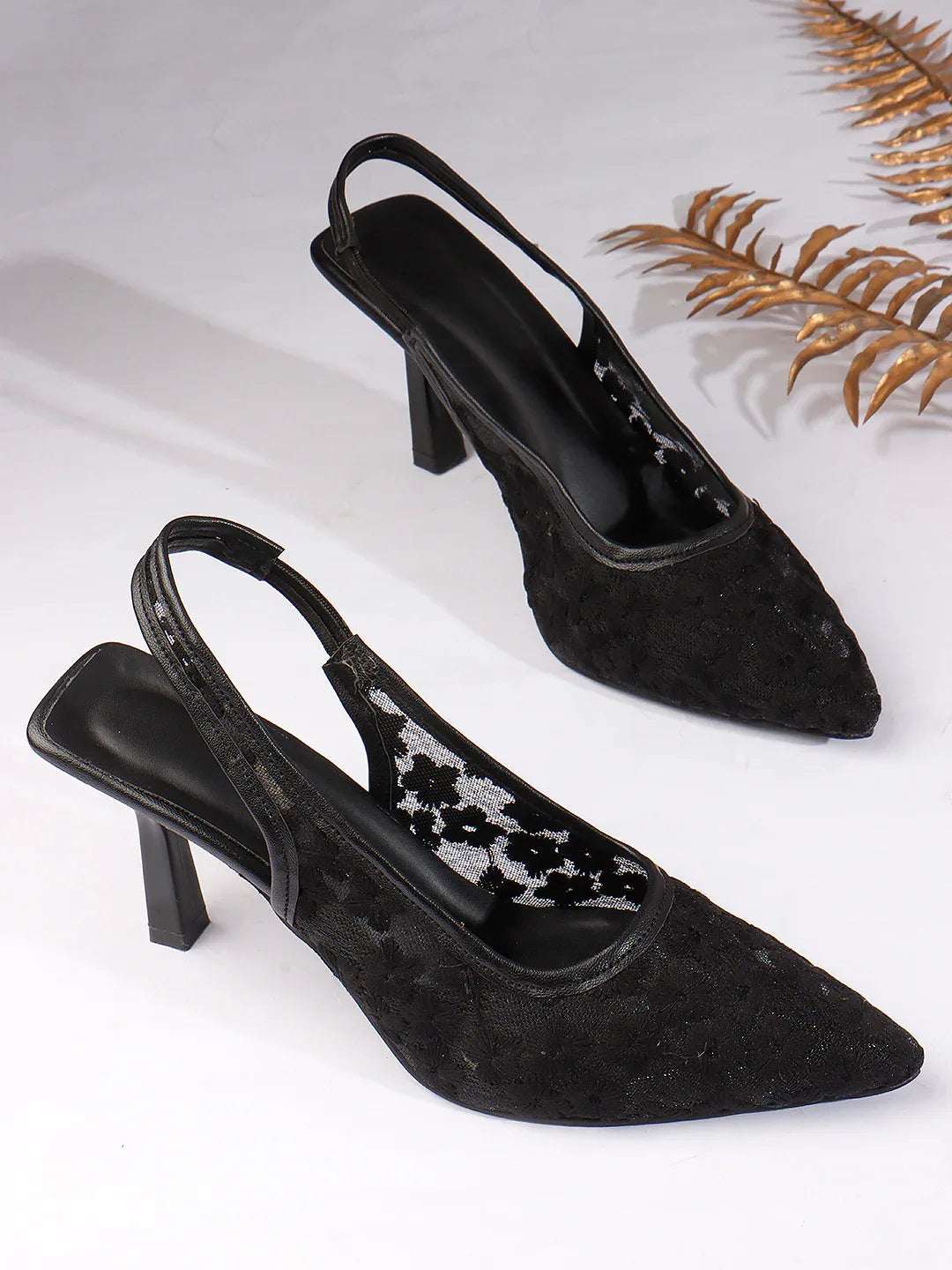 Embroidered Pointed Toe Slingback Heels with Mesh Design