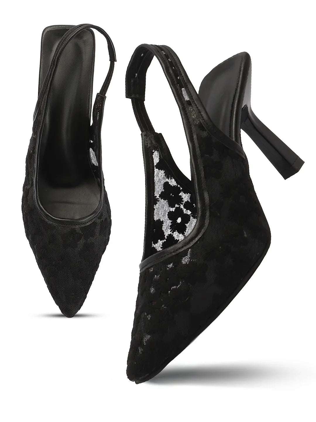 Embroidered Pointed Toe Slingback Heels with Mesh Design