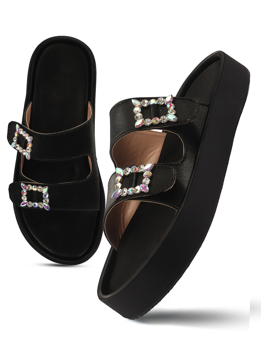 Dual-Strap Rhinestone Buckle Slide Soft Casual Flats