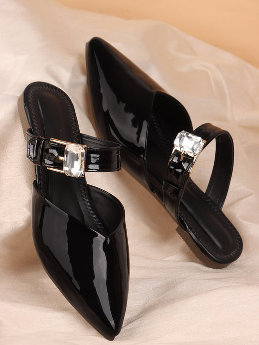 Gloss Finish Crystal Strap Pointed Toe Mules