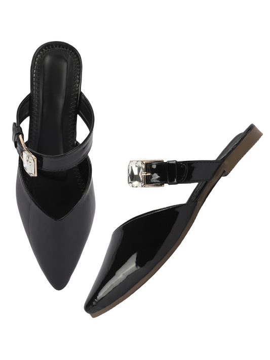 Gloss Finish Crystal Strap Pointed Toe Mules