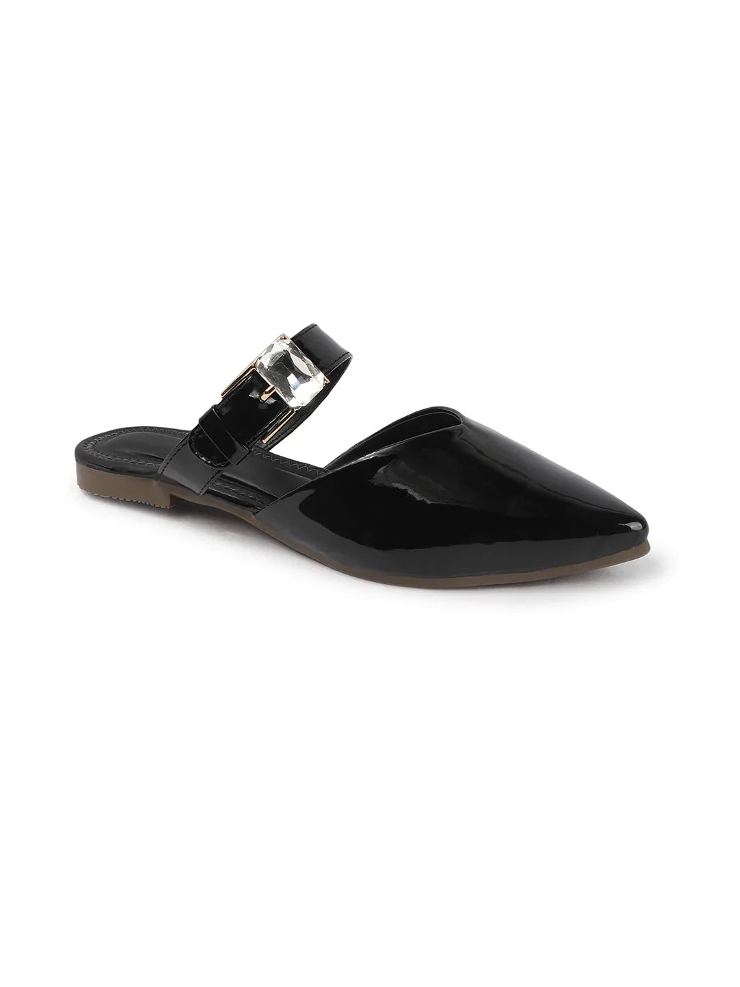 Gloss Finish Crystal Strap Pointed Toe Mules