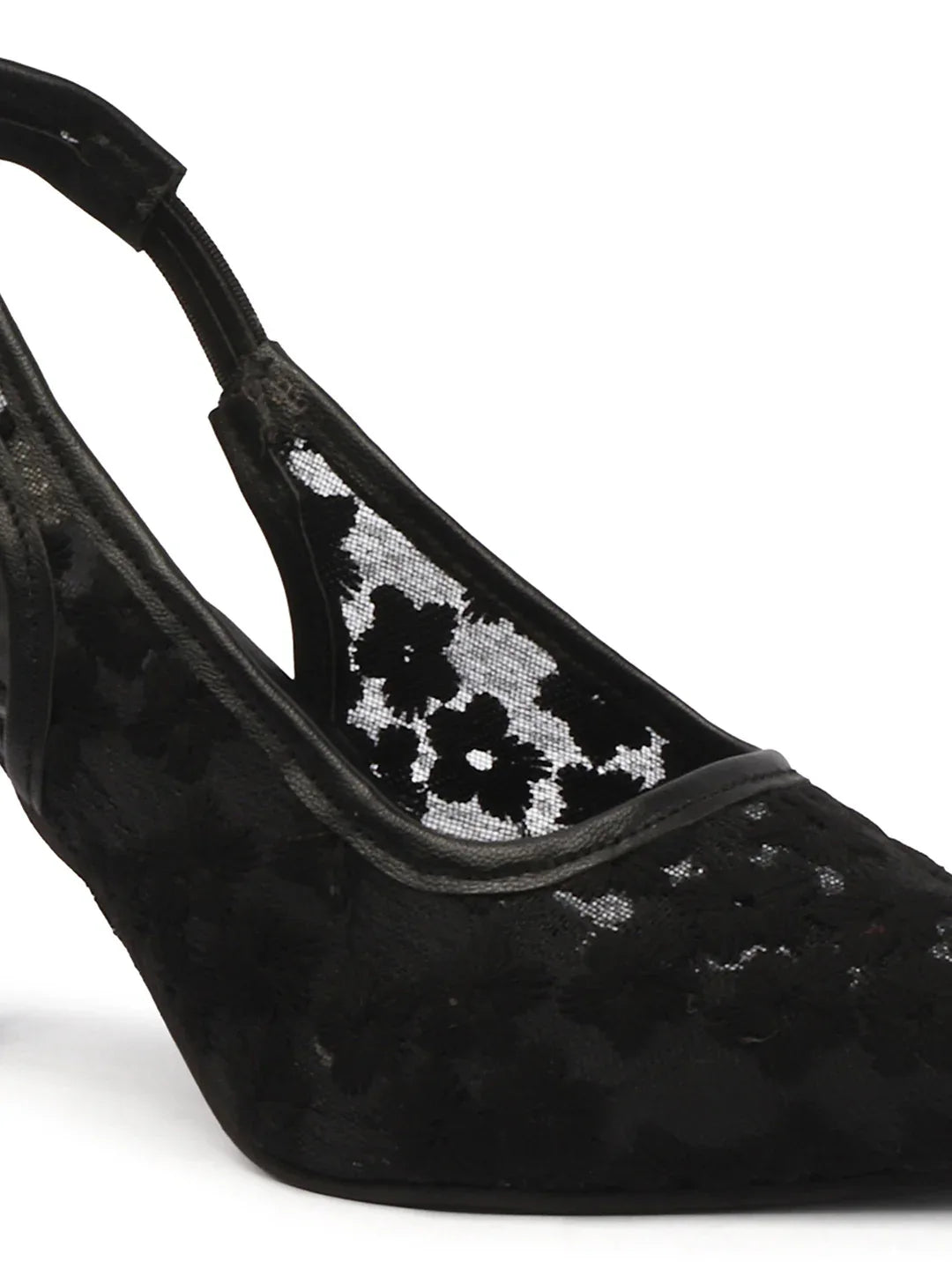 Embroidered Pointed Toe Slingback Heels with Mesh Design