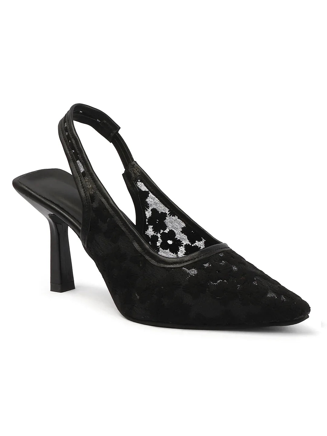Embroidered Pointed Toe Slingback Heels with Mesh Design