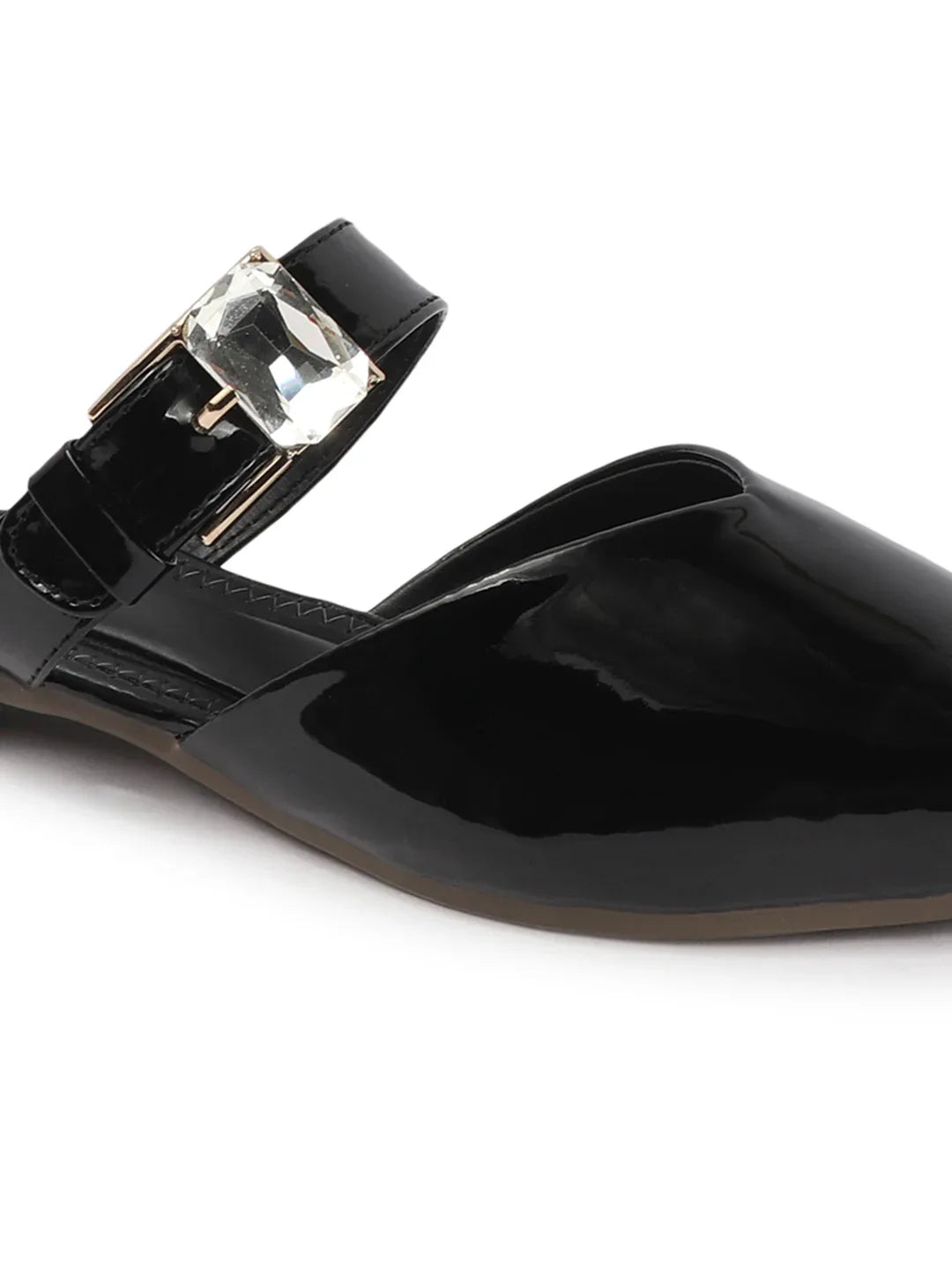 Gloss Finish Crystal Strap Pointed Toe Mules