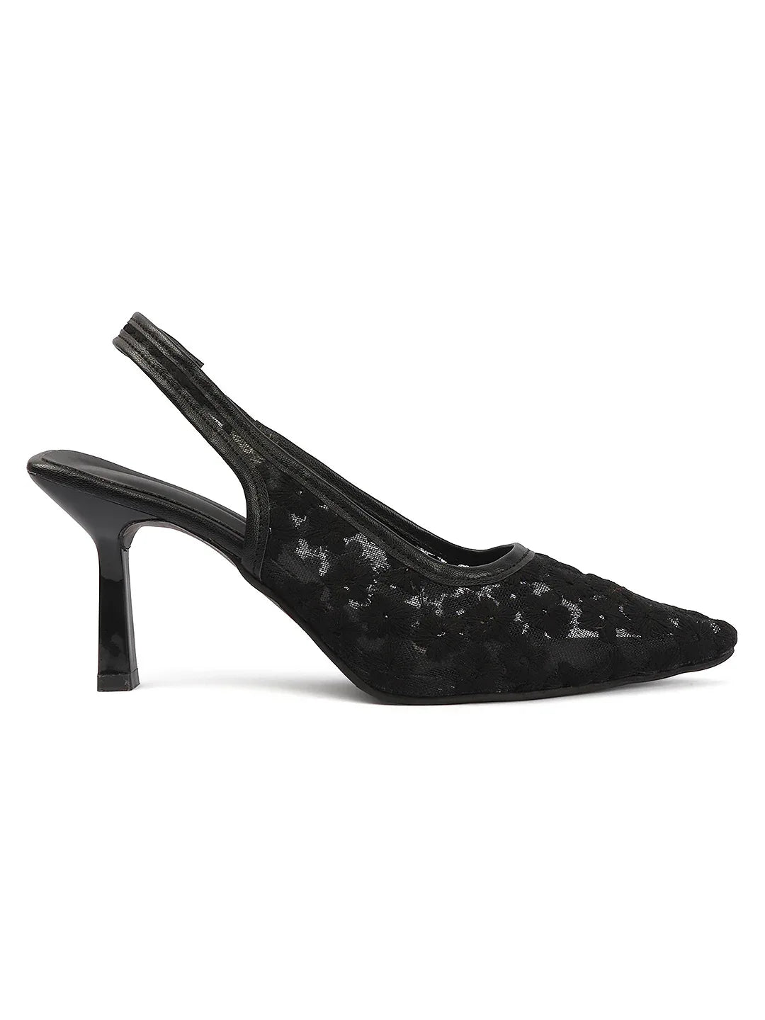Embroidered Pointed Toe Slingback Heels with Mesh Design