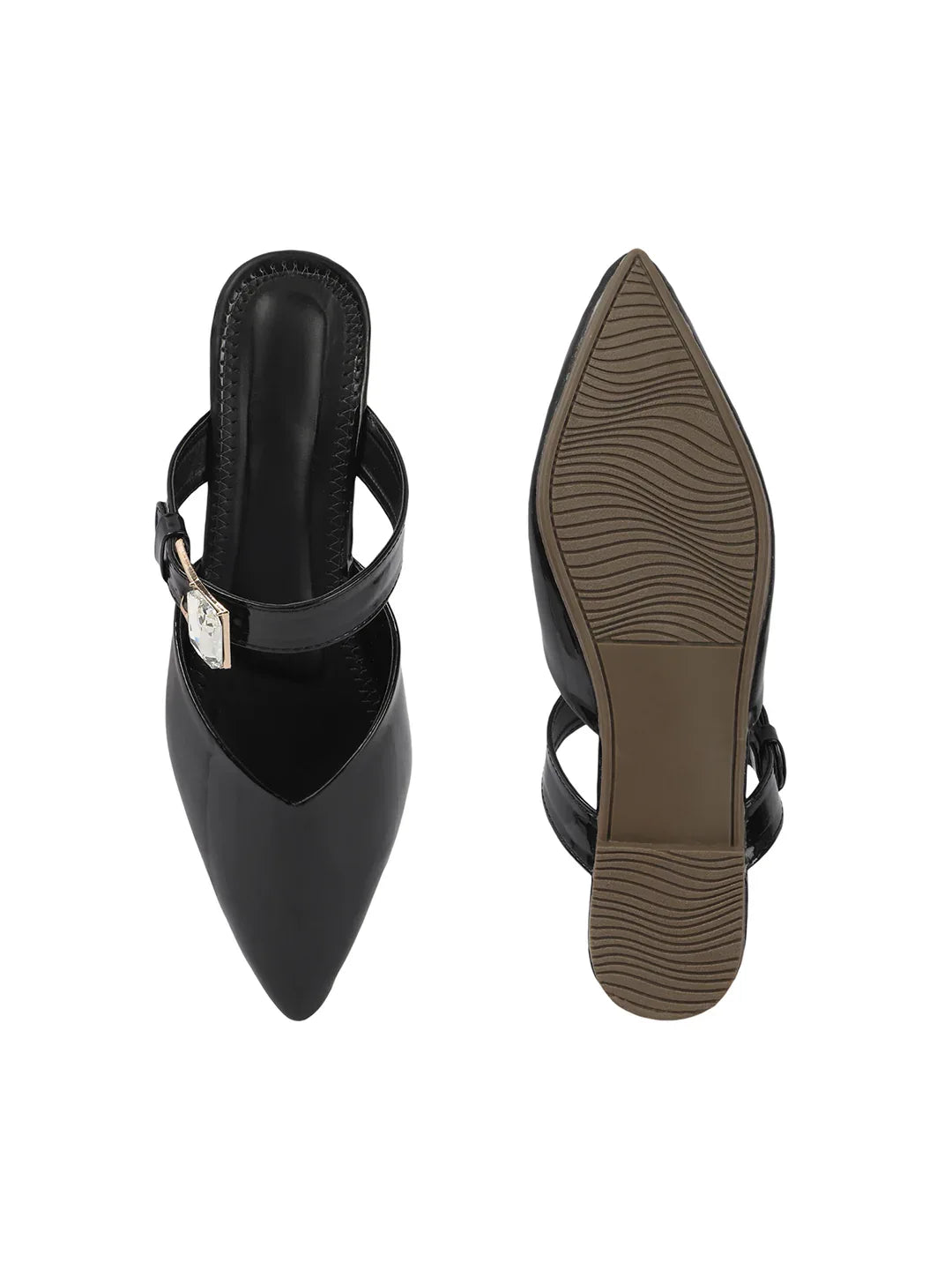Gloss Finish Crystal Strap Pointed Toe Mules