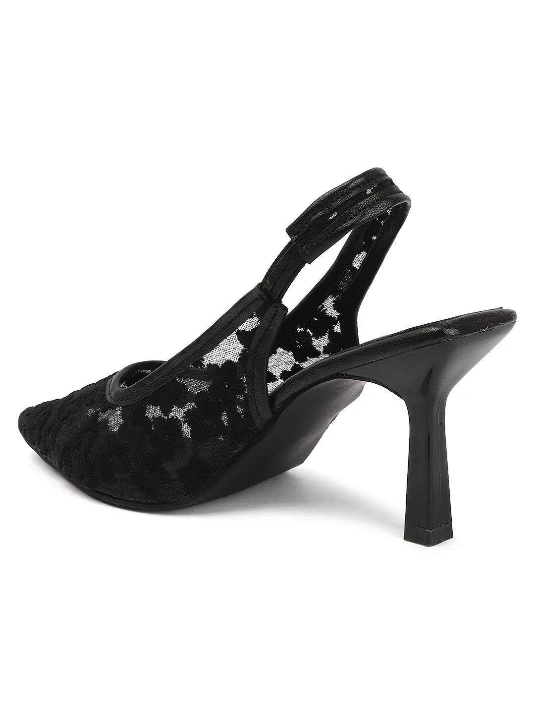 Embroidered Pointed Toe Slingback Heels with Mesh Design