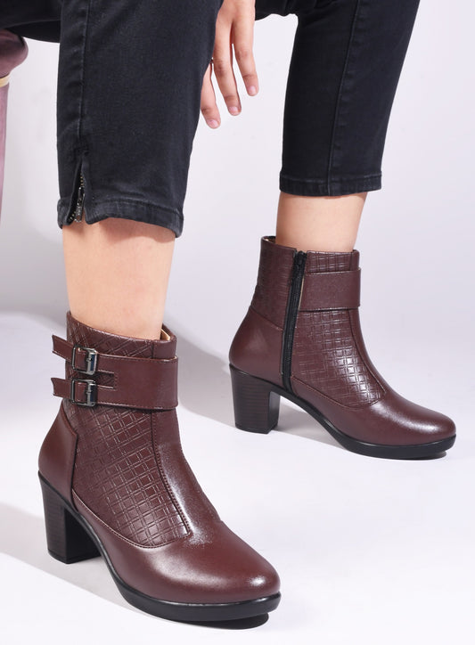 Block Heel Ankle Boots with Buckle Detail for Women