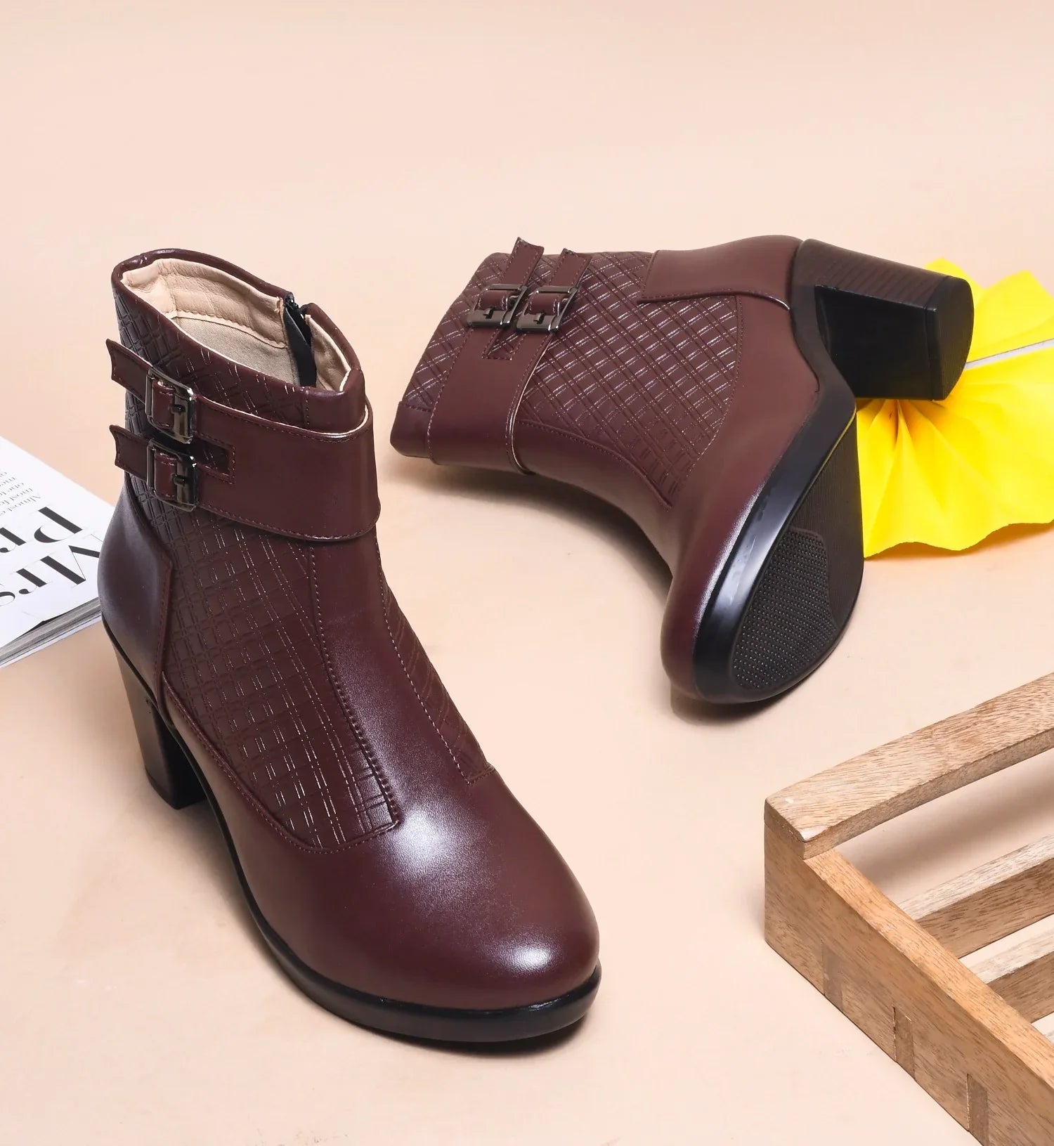 Block Heel Ankle Boots with Buckle Detail for Women