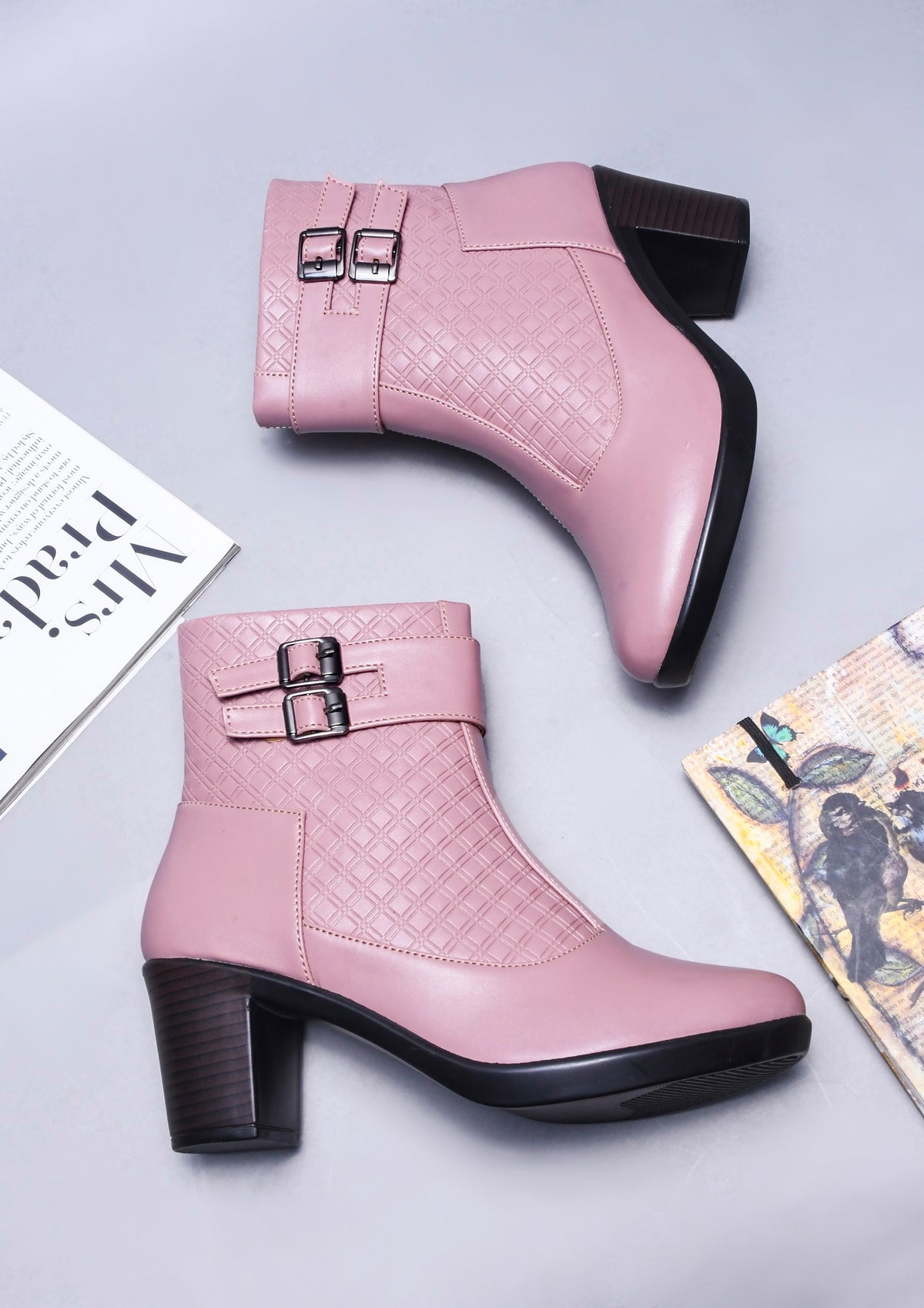 Block Heel Ankle Boots with Buckle Detail for Women