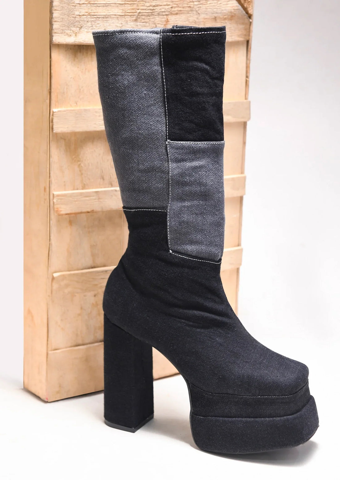 TRYME Women's Colourblock Denim Below Knee Length Block Heeled Boots