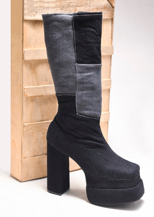 TRYME Women's Colourblock Denim Below Knee Length Block Heeled Boots