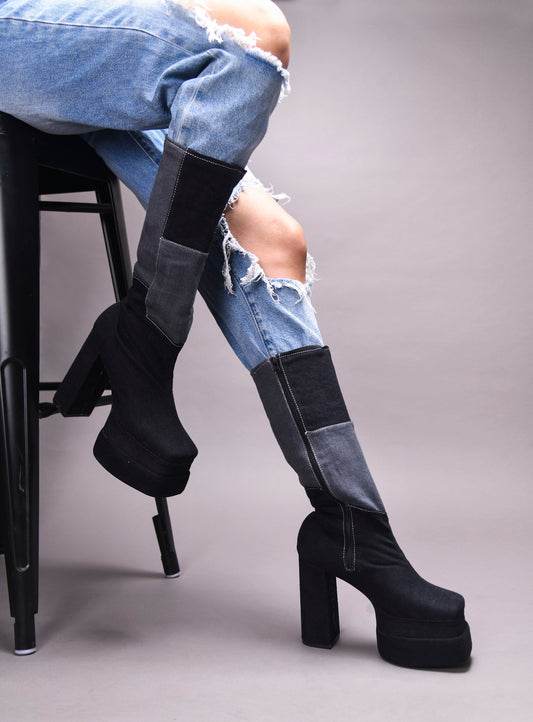 TRYME Women's Colourblock Denim Below Knee Length Block Heeled Boots