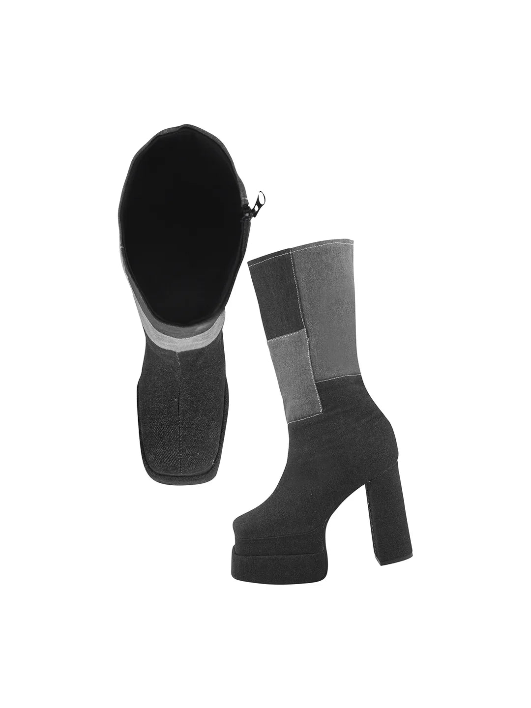 TRYME Women's Colourblock Denim Below Knee Length Block Heeled Boots