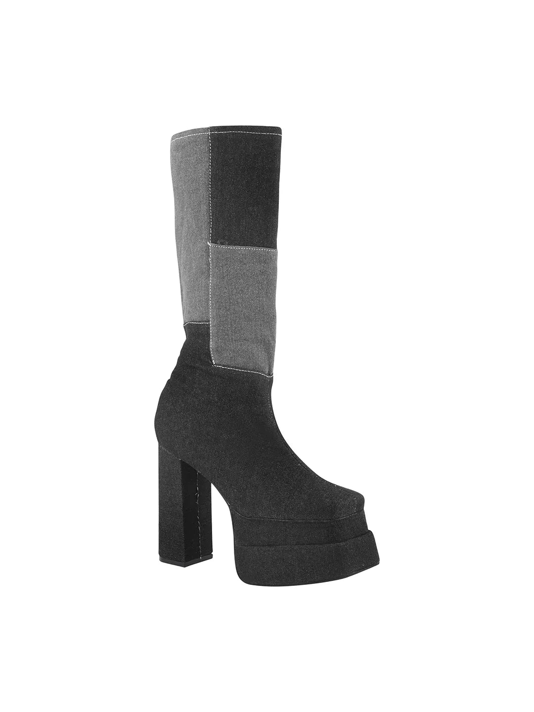 TRYME Women's Colourblock Denim Below Knee Length Block Heeled Boots