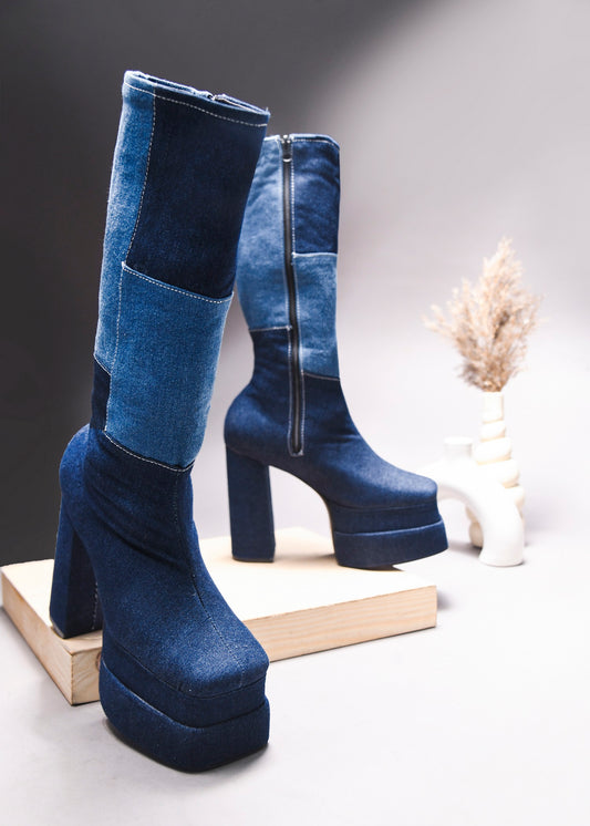 TRYME Women's Colourblock Denim Below Knee Length Block Heeled Boots