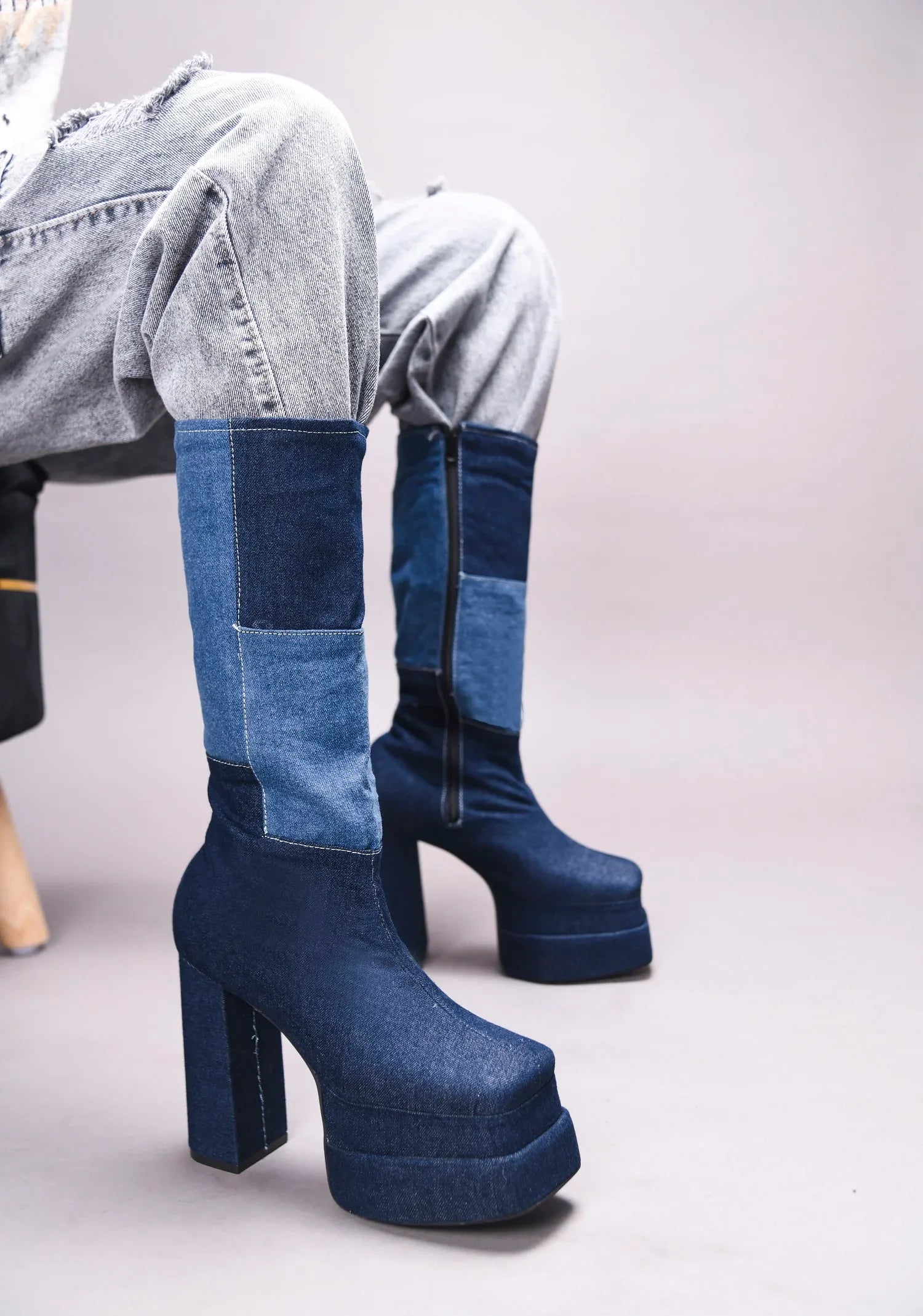 TRYME Women's Colourblock Denim Below Knee Length Block Heeled Boots
