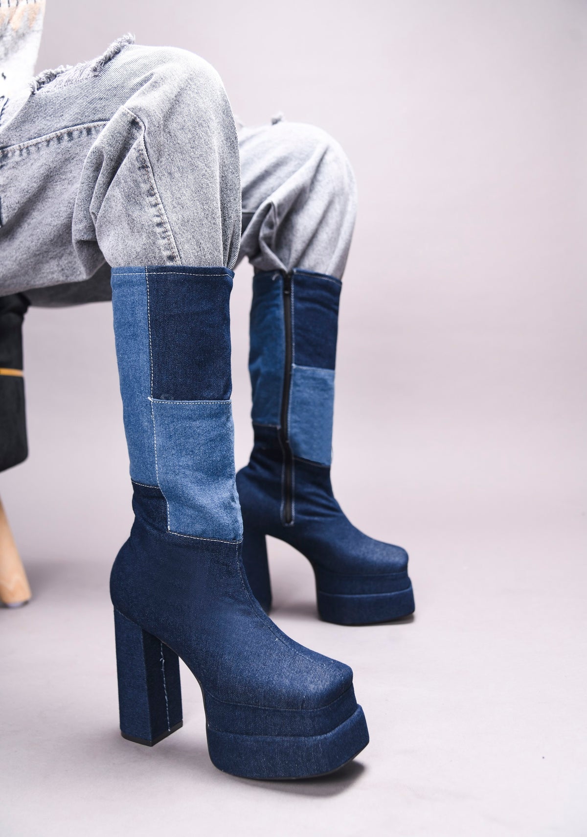 TRYME Women's Colourblock Denim Below Knee Length Block Heeled Boots