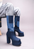 TRYME Women's Colourblock Denim Below Knee Length Block Heeled Boots