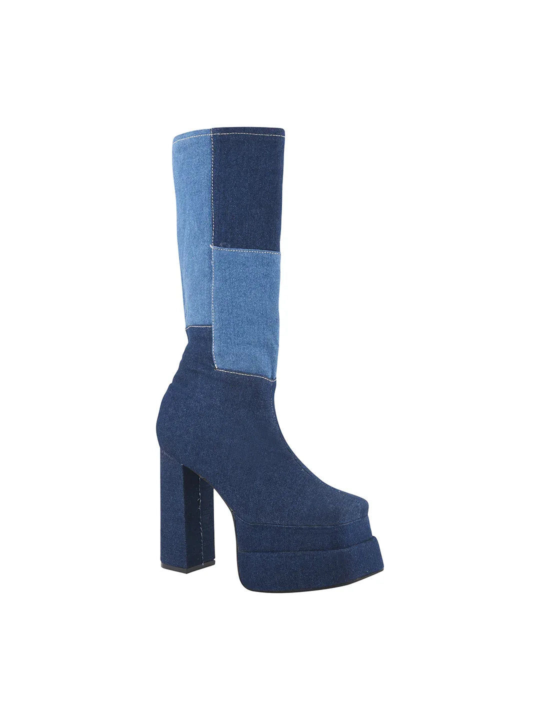 TRYME Women's Colourblock Denim Below Knee Length Block Heeled Boots