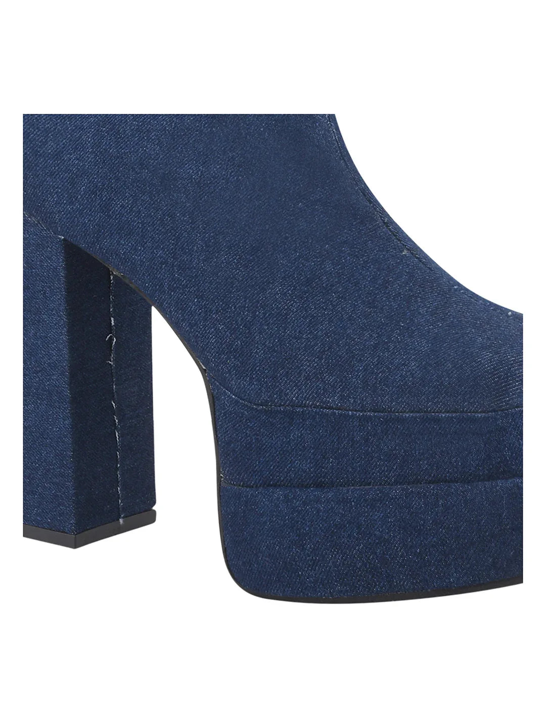TRYME Women's Colourblock Denim Below Knee Length Block Heeled Boots