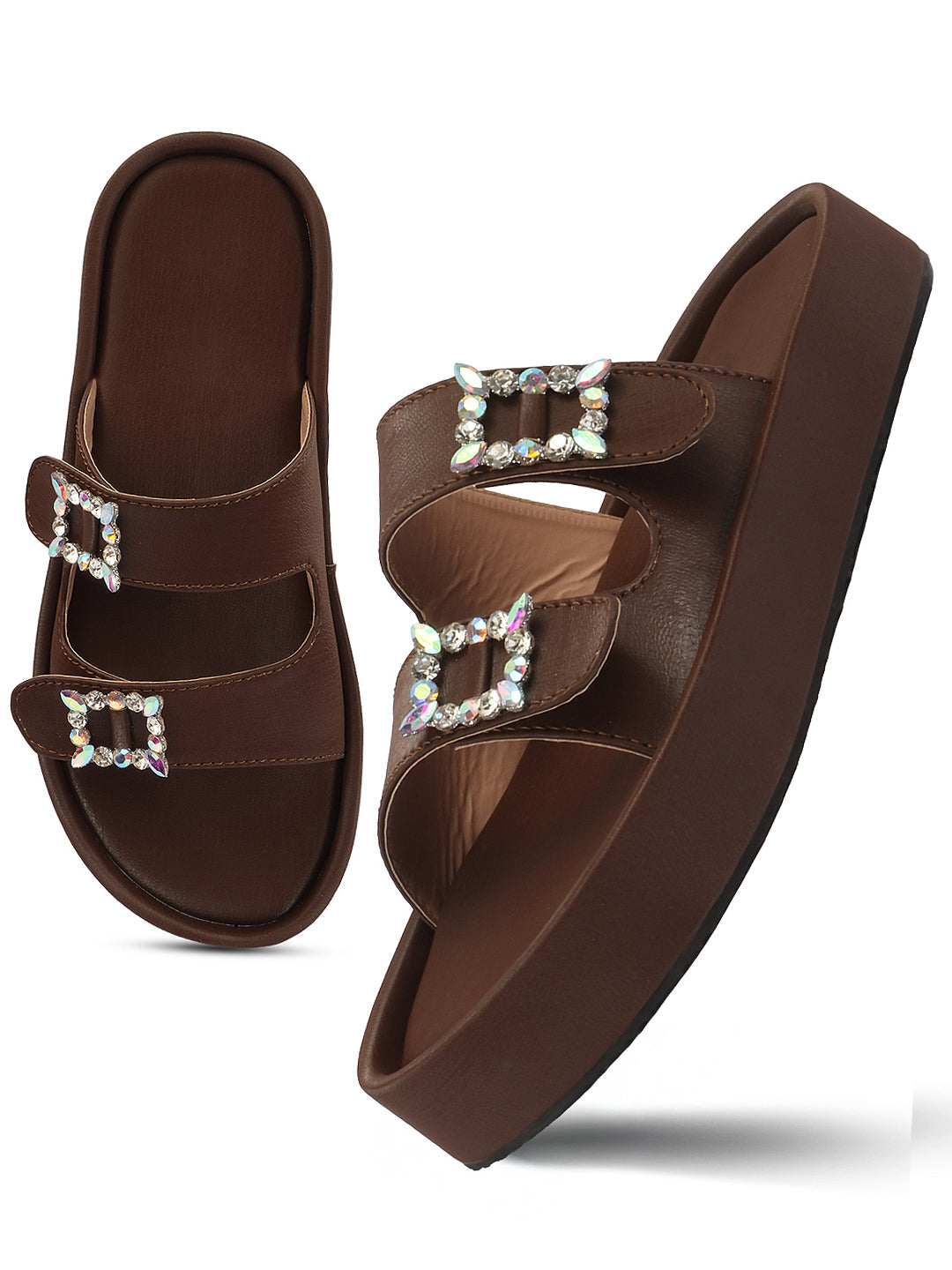 Dual-Strap Rhinestone Buckle Slide Soft Casual Flats