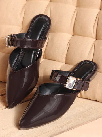 Gloss Finish Crystal Strap Pointed Toe Mules