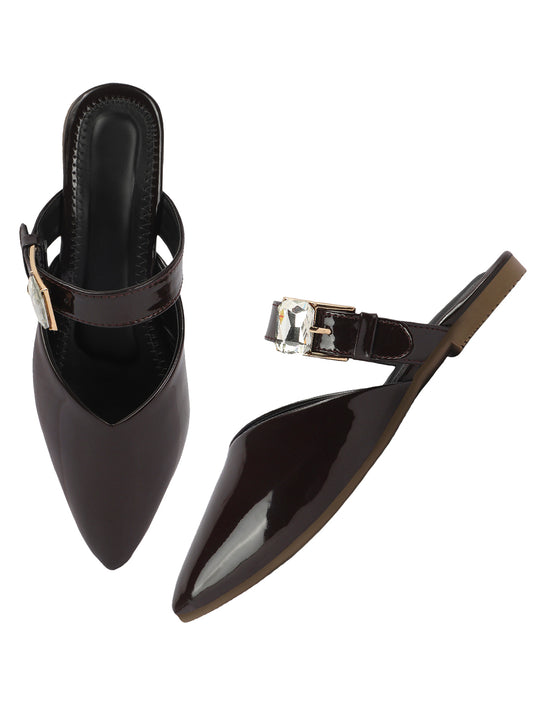 Gloss Finish Crystal Strap Pointed Toe Mules