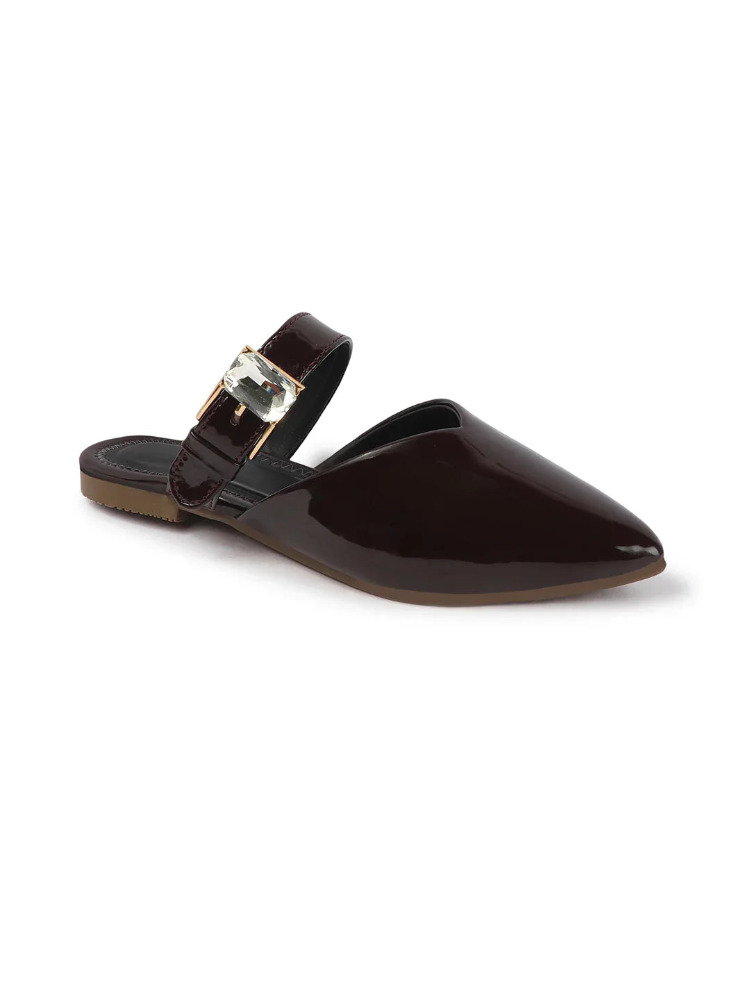 Gloss Finish Crystal Strap Pointed Toe Mules