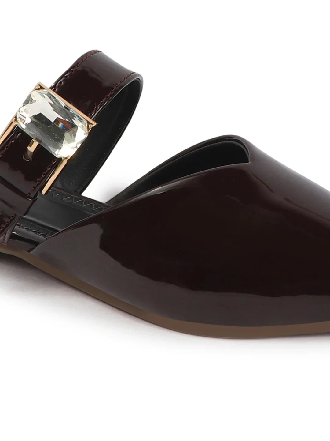 Gloss Finish Crystal Strap Pointed Toe Mules