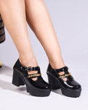 Black Patent Platform Block Heel Loafers for Women