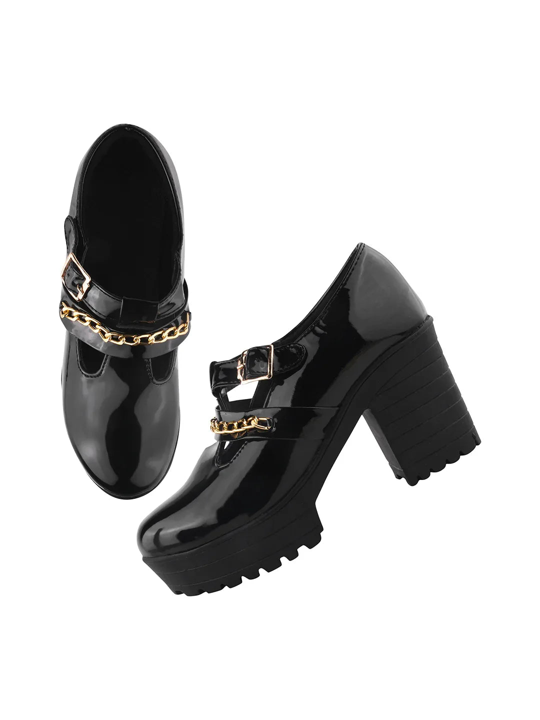 Black Patent Platform Block Heel Loafers for Women