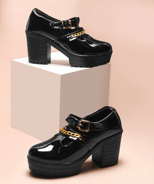 Black Patent Platform Block Heel Loafers for Women