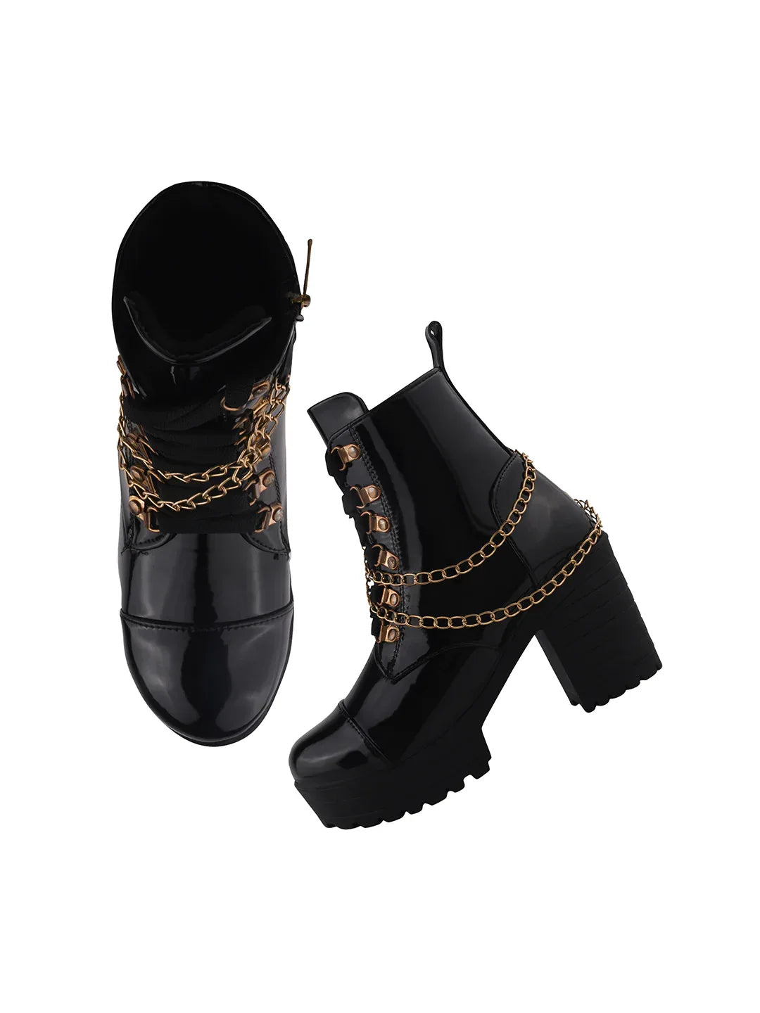 Black Patent Platform Ankle Boots with Chunky Heel