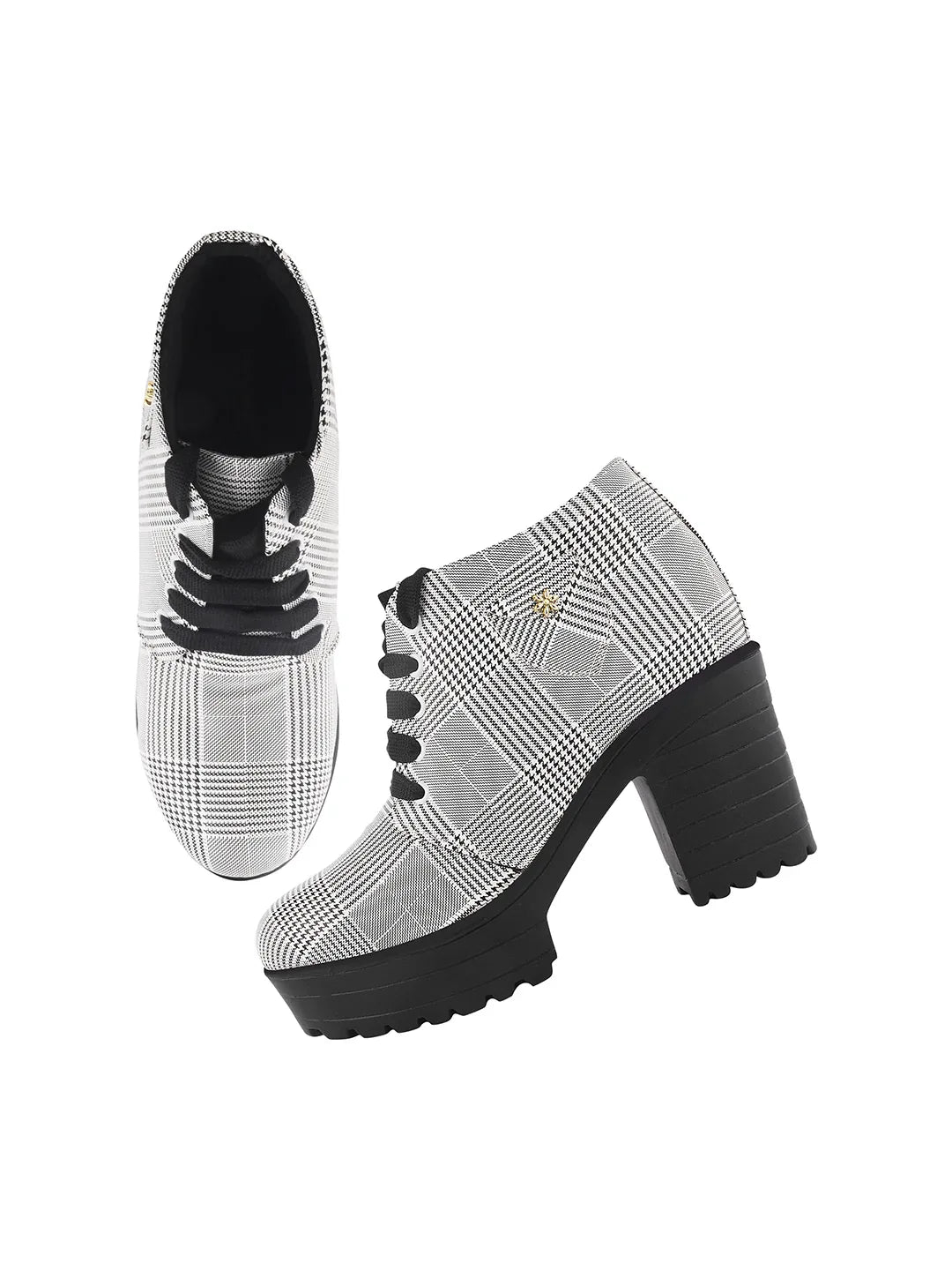 Women’s Casual Ankle Shoes with Check Pattern and Thick Sole