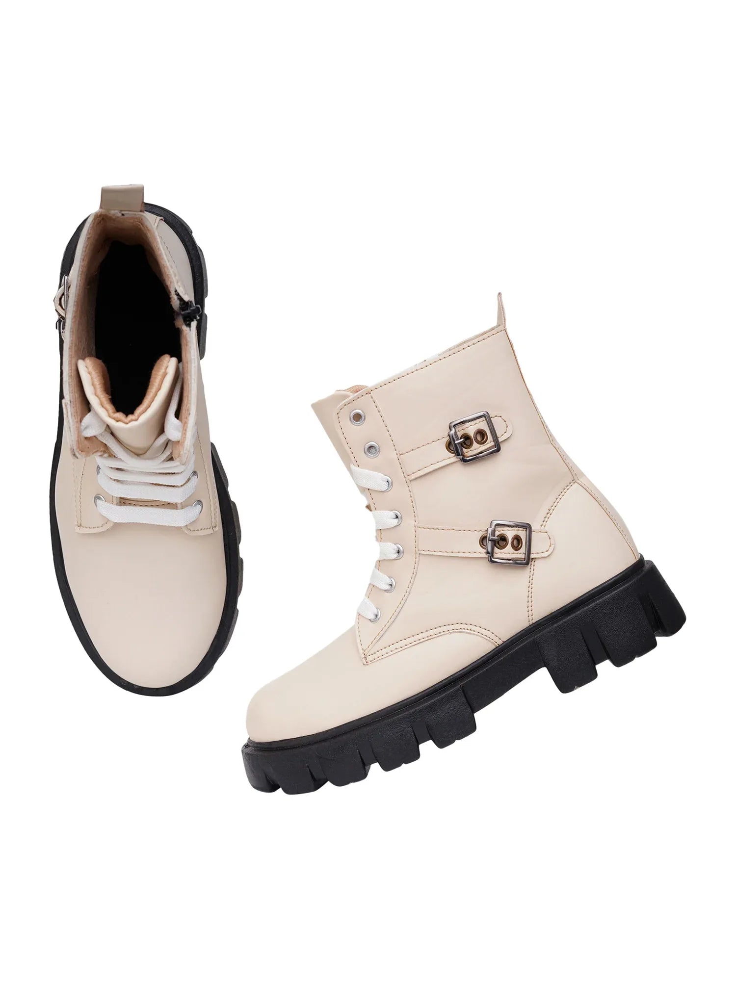 Chunky Sole Ankle Boots with Lace-Up and Buckle for Women