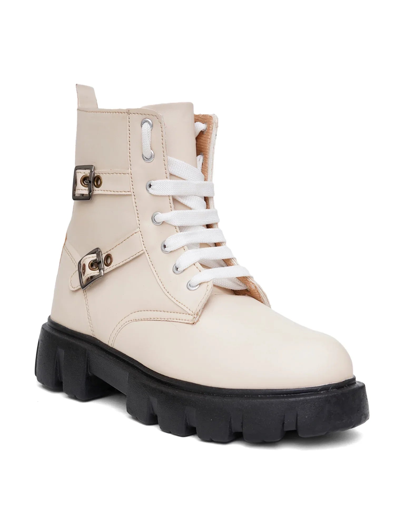 Chunky Sole Ankle Boots with Lace-Up and Buckle for Women