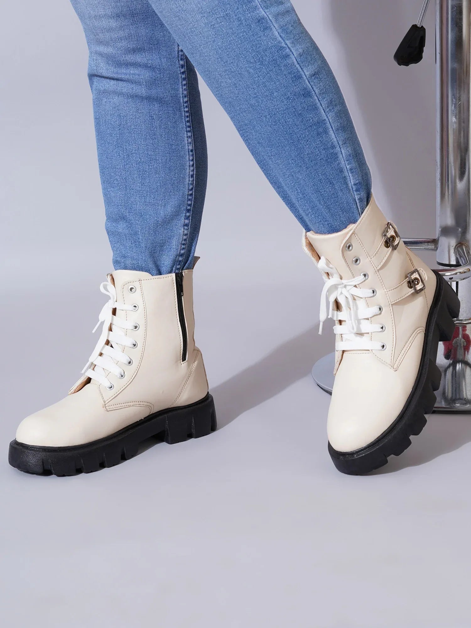 Chunky Sole Ankle Boots with Lace-Up and Buckle for Women