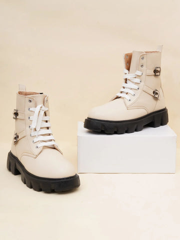 Chunky Sole Ankle Boots with Lace-Up and Buckle for Women