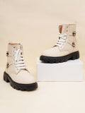 Chunky Sole Ankle Boots with Lace-Up and Buckle for Women