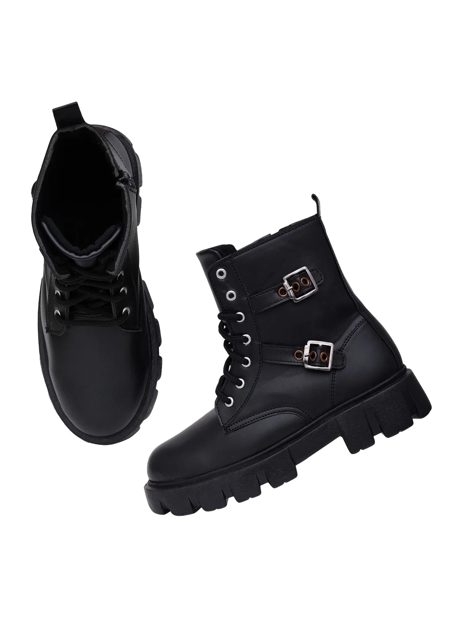 Chunky Sole Ankle Boots with Lace-Up and Buckle for Women