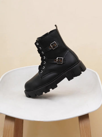 Chunky Sole Ankle Boots with Lace-Up and Buckle for Women
