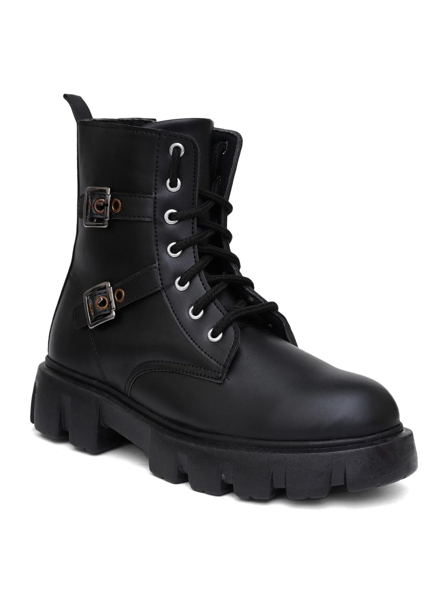 Chunky Sole Ankle Boots with Lace-Up and Buckle for Women